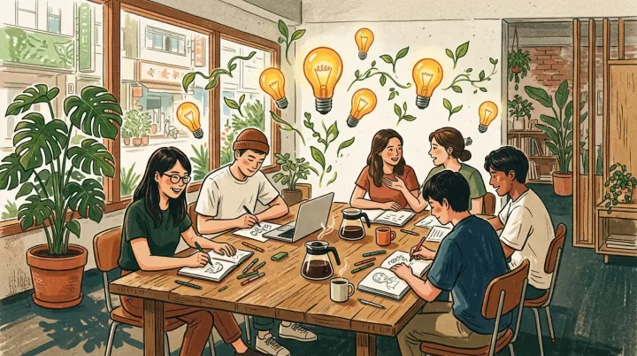 插畫：一群夥伴圍著木桌，拿著筆記本和筆電一起動手做，頭上冒出燈泡和新芽